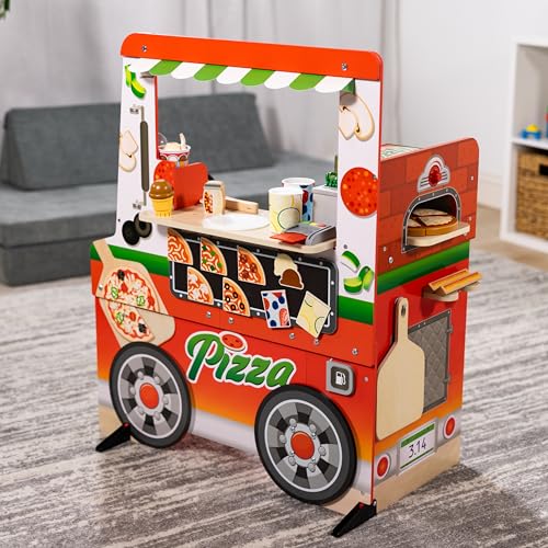 Melissa & Doug Wooden Pizza Food Truck Activity Center with Play Food, for Boys and Girls 3+