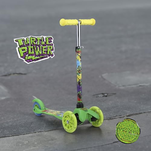 TMNT Self Balancing Kick Scooter with Light Up Wheels, Extra Wide Deck, 3 Wheel Platform, Foot Activated Brake, 75 lbs Limit, Kids & Toddlers Girls or Boys, for Ages 3 and Up