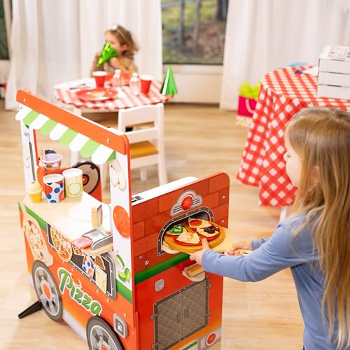 Melissa & Doug Wooden Pizza Food Truck Activity Center with Play Food, for Boys and Girls 3+