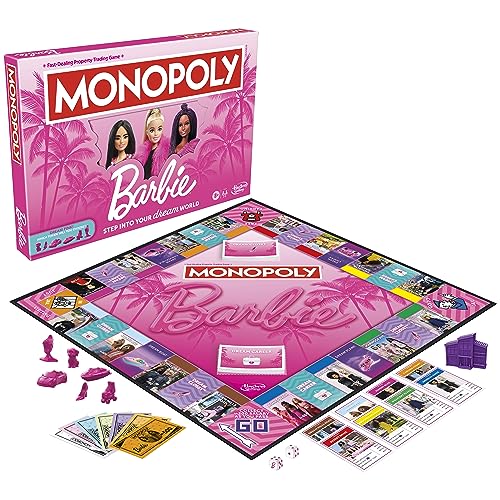 Monopoly: Barbie Edition Board Game, Ages 8+, 2-6 Players, Fun Family Games for Kids and Adults, with 6 Barbie-Themed Pink Zinc Tokens, Kids Gifts