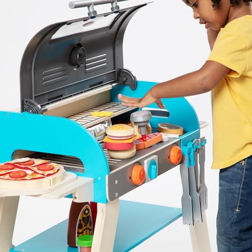 Melissa & Doug Wooden Deluxe Barbecue Grill, Smoker and Pizza Oven Play Food Toy for Pretend Play Cooking for Kids - FSC Certified