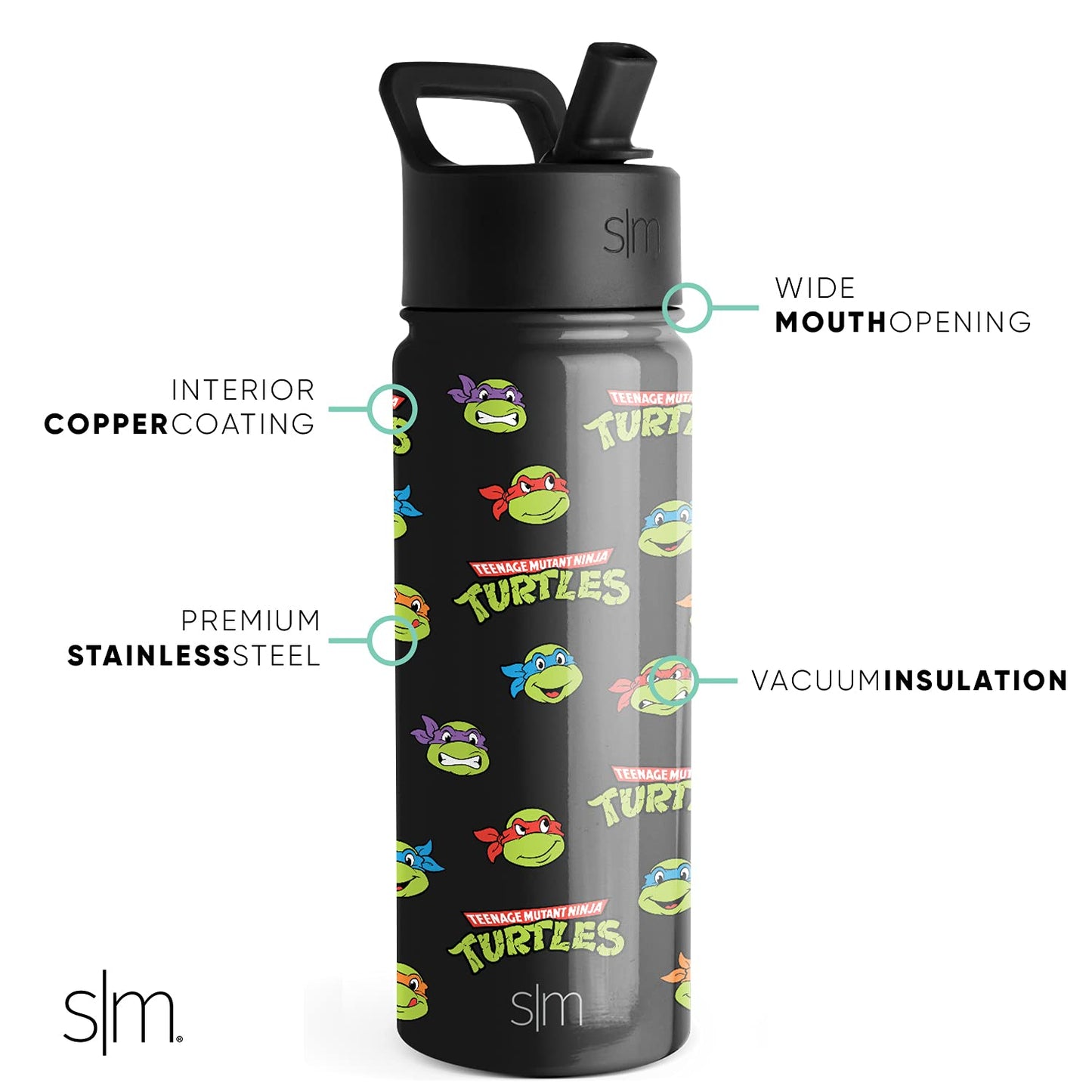 Simple Modern Teenage Mutant Ninja Turtles Kids Water Bottle with Straw Insulated Stainless Steel Toddler Cup for Toddlers, School | Summit Collection | 18oz, TMNT Turtles Unite