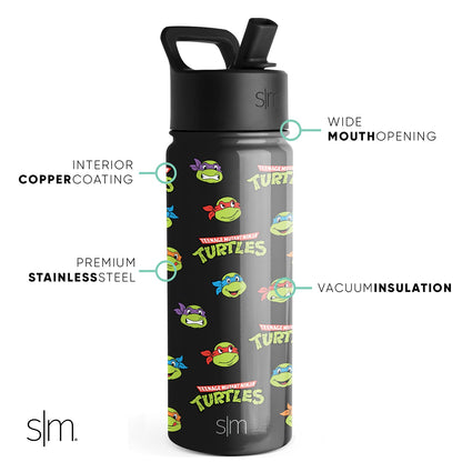 Simple Modern Teenage Mutant Ninja Turtles Kids Water Bottle with Straw Insulated Stainless Steel Toddler Cup for Toddlers, School | Summit Collection | 18oz, TMNT Turtles Unite