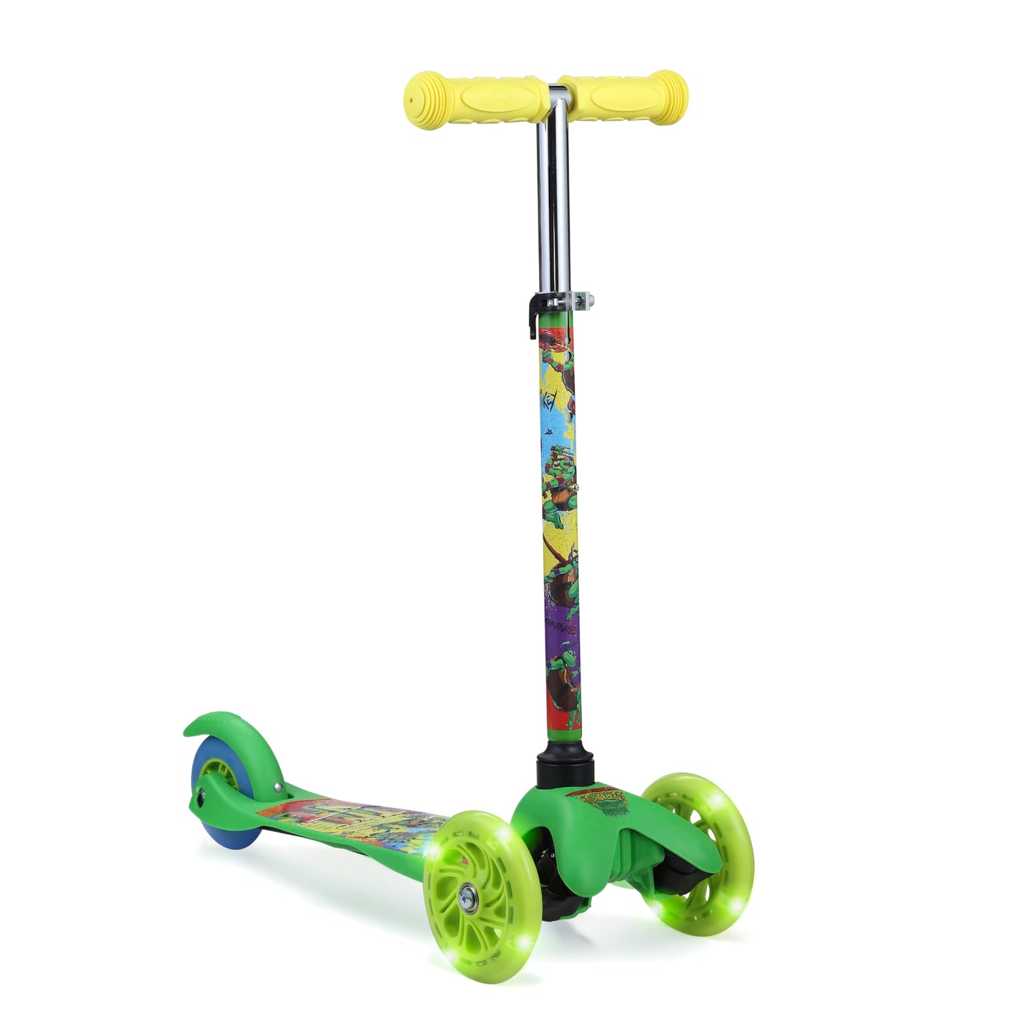 TMNT Self Balancing Kick Scooter with Light Up Wheels, Extra Wide Deck, 3 Wheel Platform, Foot Activated Brake, 75 lbs Limit, Kids & Toddlers Girls or Boys, for Ages 3 and Up