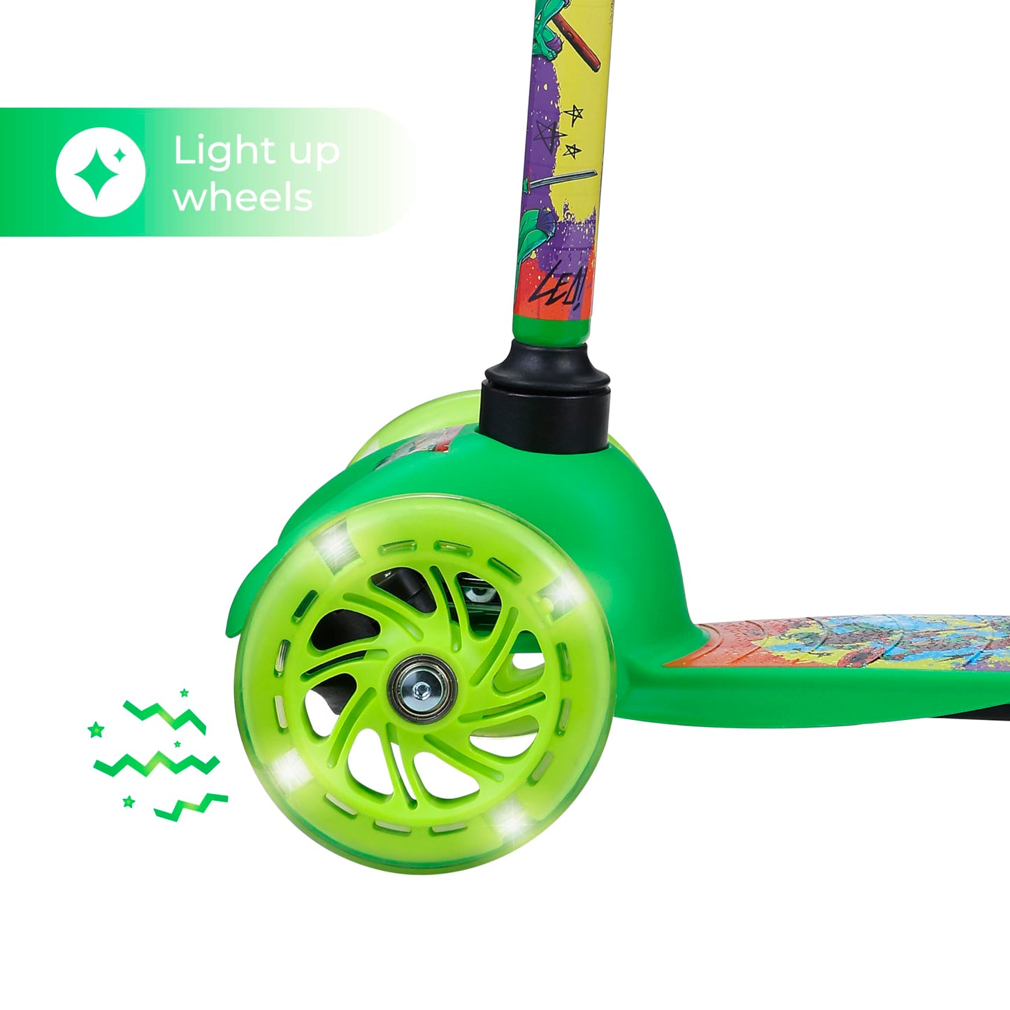 TMNT Self Balancing Kick Scooter with Light Up Wheels, Extra Wide Deck, 3 Wheel Platform, Foot Activated Brake, 75 lbs Limit, Kids & Toddlers Girls or Boys, for Ages 3 and Up