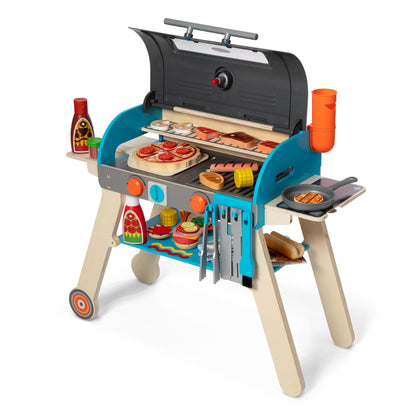 Melissa & Doug Wooden Deluxe Barbecue Grill, Smoker and Pizza Oven Play Food Toy for Pretend Play Cooking for Kids - FSC Certified