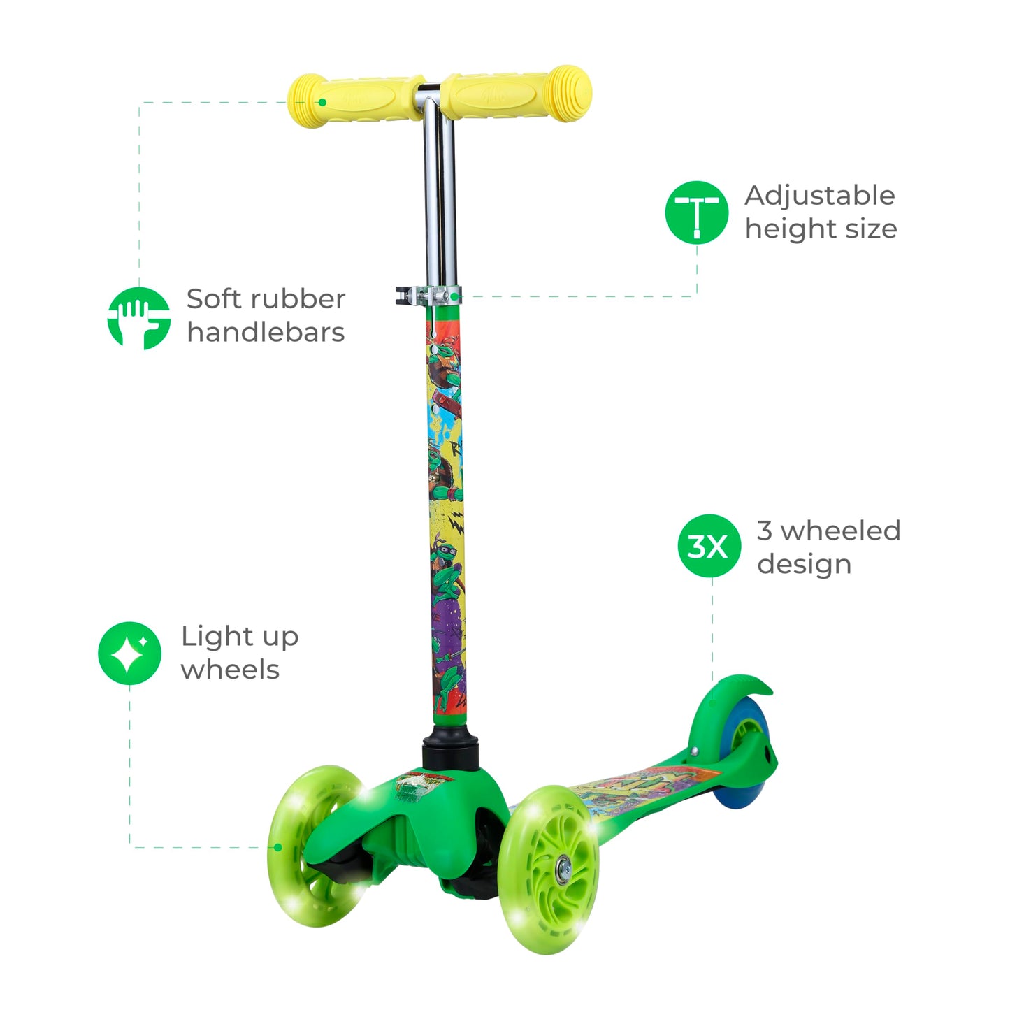 TMNT Self Balancing Kick Scooter with Light Up Wheels, Extra Wide Deck, 3 Wheel Platform, Foot Activated Brake, 75 lbs Limit, Kids & Toddlers Girls or Boys, for Ages 3 and Up