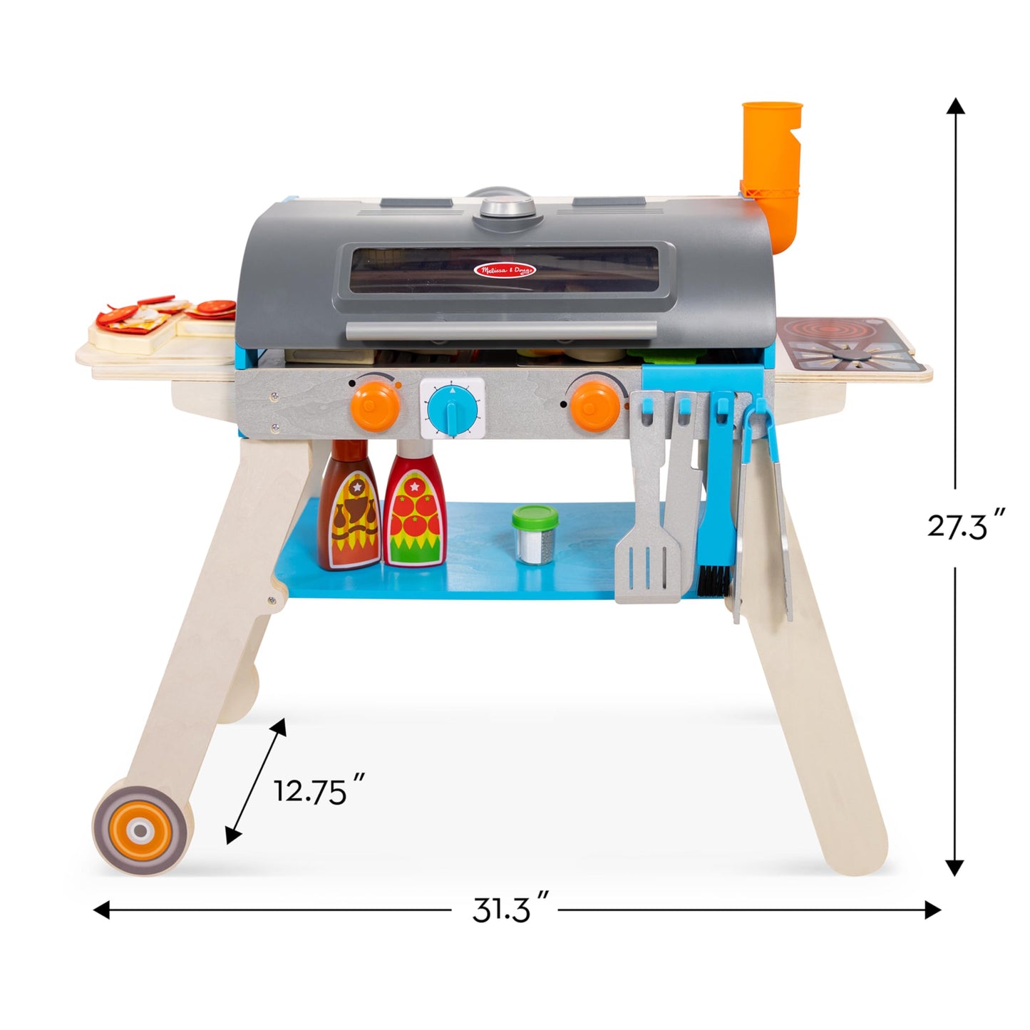 Melissa & Doug Wooden Deluxe Barbecue Grill, Smoker and Pizza Oven Play Food Toy for Pretend Play Cooking for Kids - FSC Certified