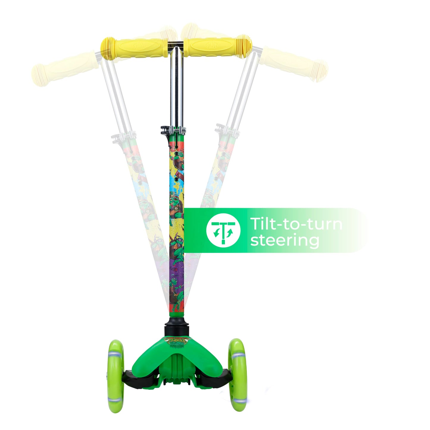 TMNT Self Balancing Kick Scooter with Light Up Wheels, Extra Wide Deck, 3 Wheel Platform, Foot Activated Brake, 75 lbs Limit, Kids & Toddlers Girls or Boys, for Ages 3 and Up