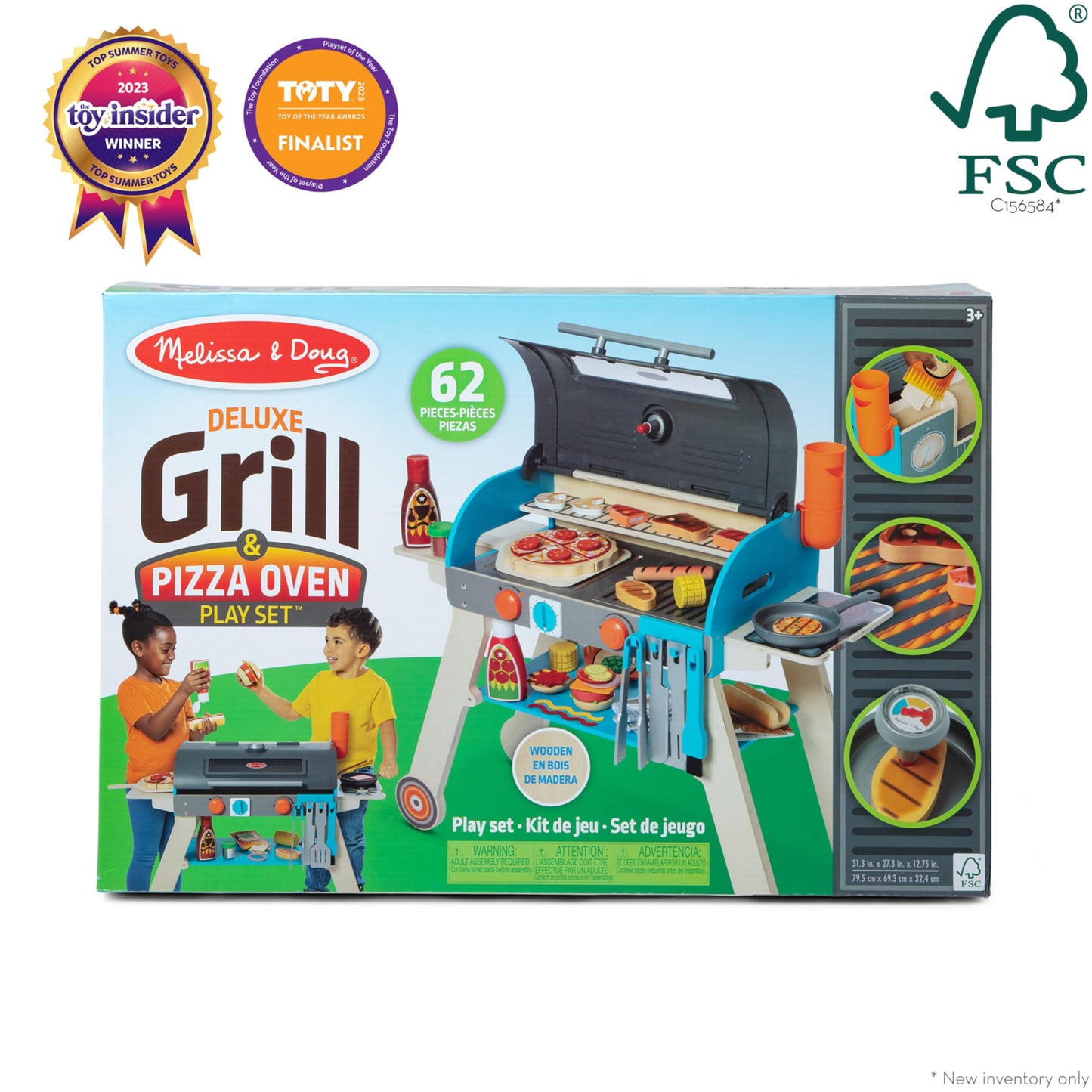 Melissa & Doug Wooden Deluxe Barbecue Grill, Smoker and Pizza Oven Play Food Toy for Pretend Play Cooking for Kids - FSC Certified