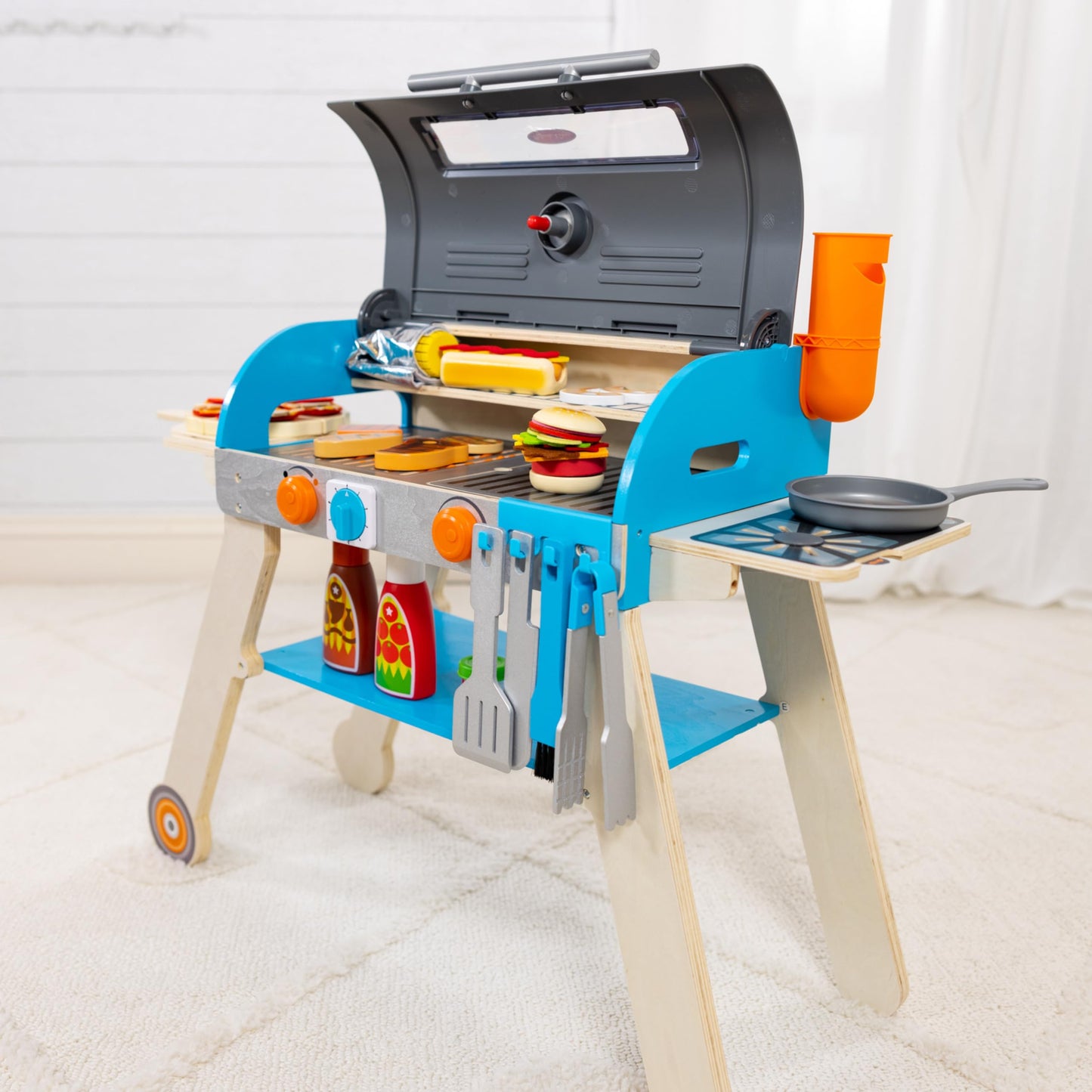 Melissa & Doug Wooden Deluxe Barbecue Grill, Smoker and Pizza Oven Play Food Toy for Pretend Play Cooking for Kids - FSC Certified