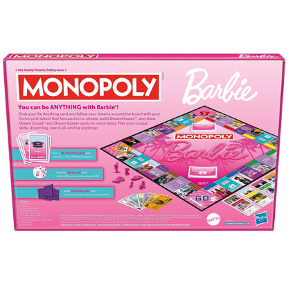 Monopoly: Barbie Edition Board Game, Ages 8+, 2-6 Players, Fun Family Games for Kids and Adults, with 6 Barbie-Themed Pink Zinc Tokens, Kids Gifts