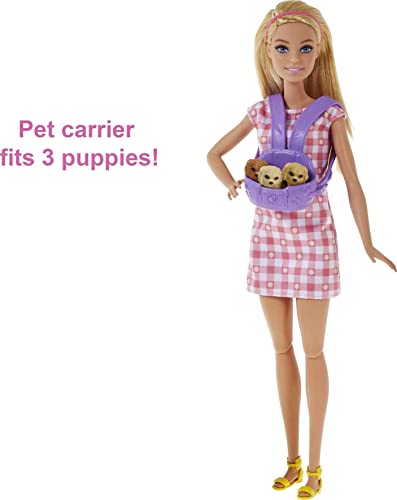 Barbie Doll and Pets, Blonde Doll with Mommy Dog, 3 Newborn Puppies with Color-Change Feature and Pet Accessories