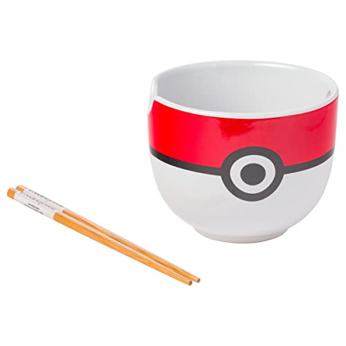 Silver Buffalo Pokemon Pokeball Ceramic Ramen Noodle Bowl with Chopsticks, Microwave Safe, 20 Ounces