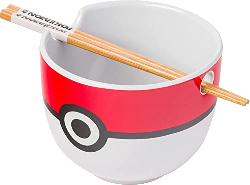 Silver Buffalo Pokemon Pokeball Ceramic Ramen Noodle Bowl with Chopsticks, Microwave Safe, 20 Ounces