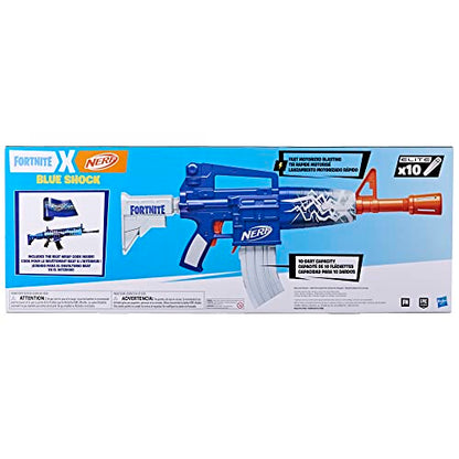 Nerf Fortnite Blue Shock Blaster, 10 Dart Clip, 10 Elite Nerf Darts, Includes Bonus Code to Unlock The Beat Wrap in The Game, Motorized Dart Blaster