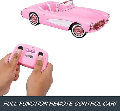 Hot Wheels RC Barbie Corvette, Battery-Operated Remote-Control Toy Car from Barbie The Movie, Holds 2 Barbie Dolls, Trunk Opens for Storage