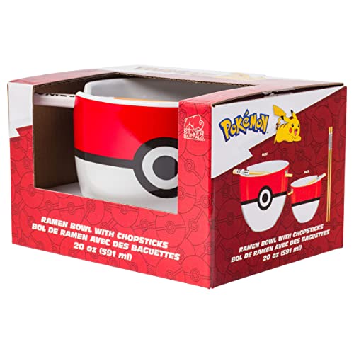 Silver Buffalo Pokemon Pokeball Ceramic Ramen Noodle Bowl with Chopsticks, Microwave Safe, 20 Ounces