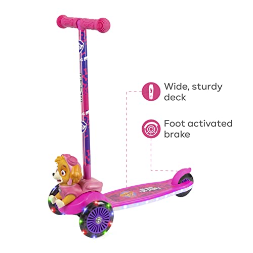 Paw Patrol Skye Kick Scooter for Kids, Self-Balancing 3 Wheeled Light Up Scooter with Extra Wide Anti-Slip Deck, Rear Brake, Lean to Steer, Lightweight Design, for Kids 3 and up, 75 LB Limit