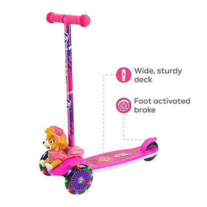 Paw Patrol Skye Kick Scooter for Kids, Self-Balancing 3 Wheeled Light Up Scooter with Extra Wide Anti-Slip Deck, Rear Brake, Lean to Steer, Lightweight Design, for Kids 3 and up, 75 LB Limit