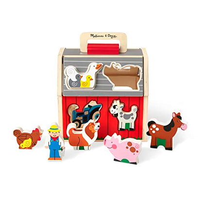 Melissa & Doug Wooden Take-Along Sorting Barn Toy with Flip-Up Roof and Handle, 10 Wooden Farm Play Pieces - Ages 2+