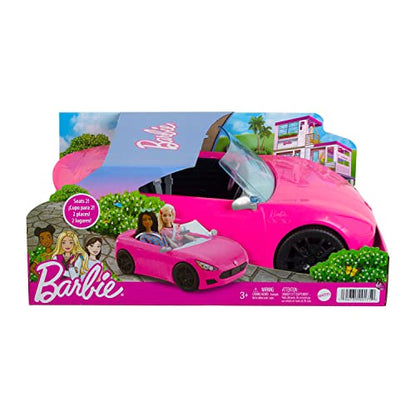 Barbie Toy Car, Bright Pink 2-Seater Convertible with Seatbelts and Rolling Wheels