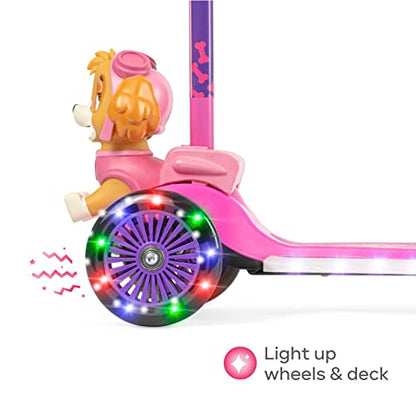 Paw Patrol Skye Kick Scooter for Kids, Self-Balancing 3 Wheeled Light Up Scooter with Extra Wide Anti-Slip Deck, Rear Brake, Lean to Steer, Lightweight Design, for Kids 3 and up, 75 LB Limit