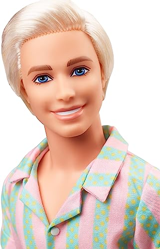 Barbie The Movie Ken Doll Wearing Pastel Pink and Green Striped Beach Matching Set with Surfboard and White Sneakers