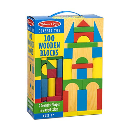 Melissa & Doug Wooden Building Set - 100 Blocks in 4 Colors and 9 Shapes