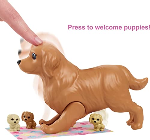 Barbie Doll and Pets, Blonde Doll with Mommy Dog, 3 Newborn Puppies with Color-Change Feature and Pet Accessories