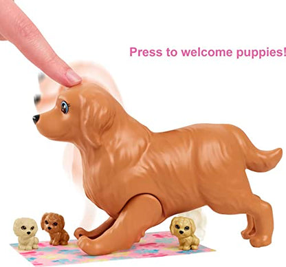 Barbie Doll and Pets, Blonde Doll with Mommy Dog, 3 Newborn Puppies with Color-Change Feature and Pet Accessories