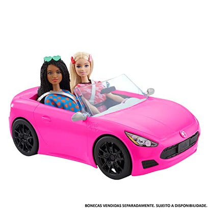 Barbie Toy Car, Bright Pink 2-Seater Convertible with Seatbelts and Rolling Wheels