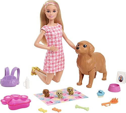 Barbie Doll and Pets, Blonde Doll with Mommy Dog, 3 Newborn Puppies with Color-Change Feature and Pet Accessories