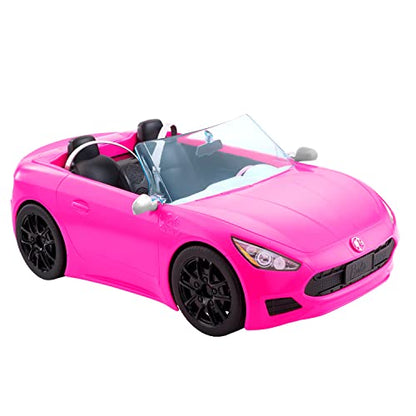 Barbie Toy Car, Bright Pink 2-Seater Convertible with Seatbelts and Rolling Wheels