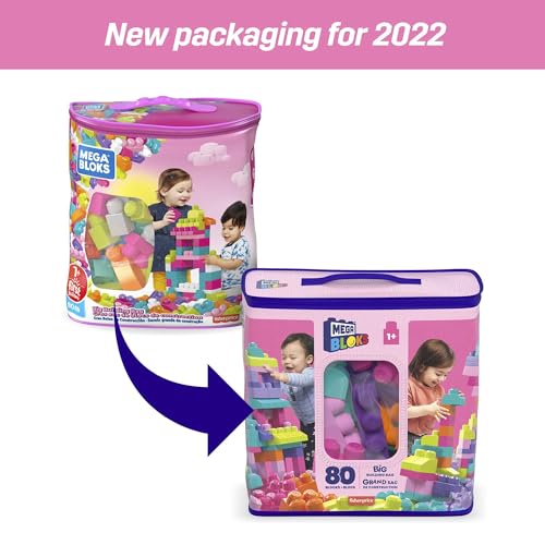 MEGA BLOKS Fisher-Price Toddler Block Toys, Big Building Bag with 80 Pieces and Storage Bag, Pink .