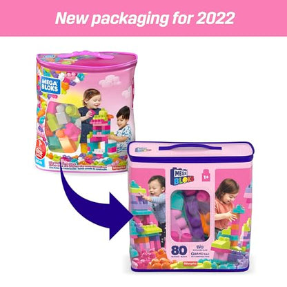 MEGA BLOKS Fisher-Price Toddler Block Toys, Big Building Bag with 80 Pieces and Storage Bag, Pink .