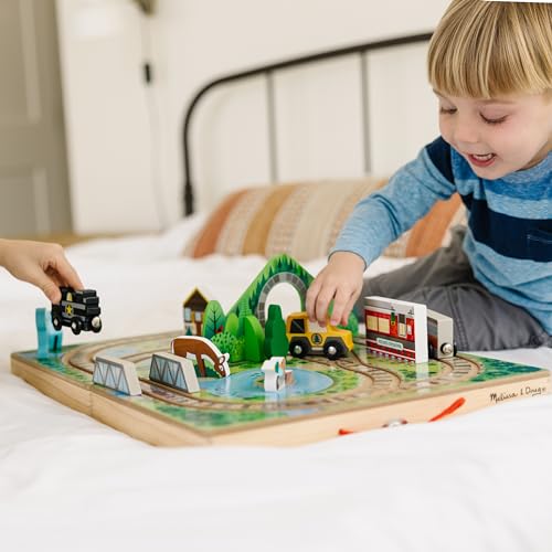 Melissa & Doug 17-Piece Wooden Take-Along Tabletop Railroad, 3 Trains, Truck, Play Pieces, Bridge - Wooden Train Sets For Kids Ages 3+