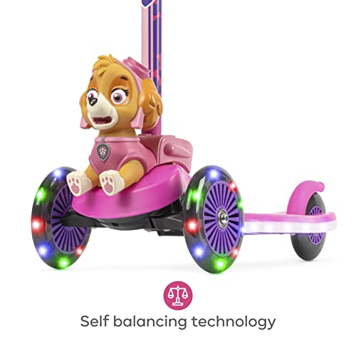 Paw Patrol Skye Kick Scooter for Kids, Self-Balancing 3 Wheeled Light Up Scooter with Extra Wide Anti-Slip Deck, Rear Brake, Lean to Steer, Lightweight Design, for Kids 3 and up, 75 LB Limit