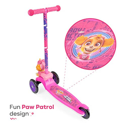 Paw Patrol Skye Kick Scooter for Kids, Self-Balancing 3 Wheeled Light Up Scooter with Extra Wide Anti-Slip Deck, Rear Brake, Lean to Steer, Lightweight Design, for Kids 3 and up, 75 LB Limit