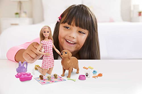 Barbie Doll and Pets, Blonde Doll with Mommy Dog, 3 Newborn Puppies with Color-Change Feature and Pet Accessories