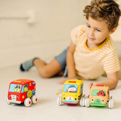 Melissa & Doug K's Kids Pull-Back Vehicle Set - Soft Baby Toy Set With 4 Cars and Trucks and Carrying Case - Pull Back Cars, Toys For Babies And Toddlers