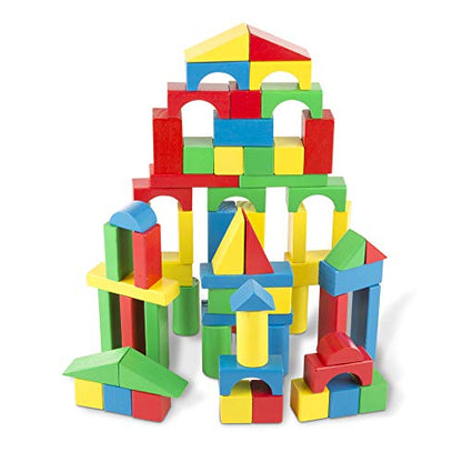 Melissa & Doug Wooden Building Set - 100 Blocks in 4 Colors and 9 Shapes