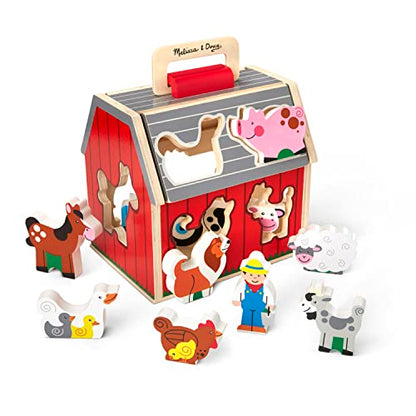 Melissa & Doug Wooden Take-Along Sorting Barn Toy with Flip-Up Roof and Handle, 10 Wooden Farm Play Pieces - Ages 2+