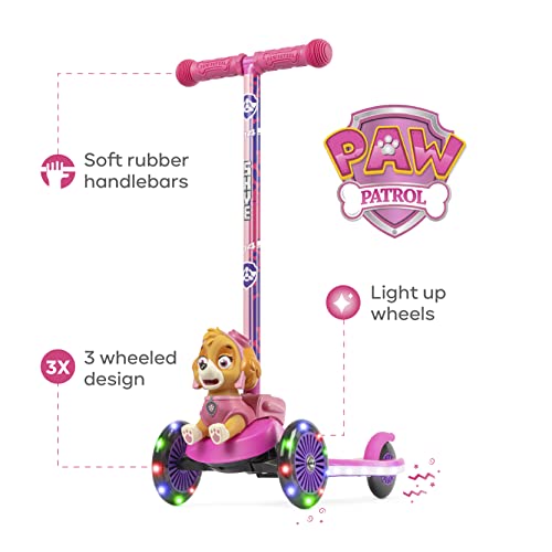 Paw Patrol Skye Kick Scooter for Kids, Self-Balancing 3 Wheeled Light Up Scooter with Extra Wide Anti-Slip Deck, Rear Brake, Lean to Steer, Lightweight Design, for Kids 3 and up, 75 LB Limit