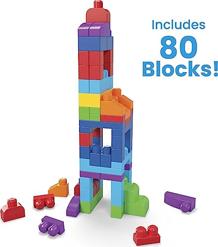 MEGA BLOKS Fisher-Price Toddler Block Toys, Big Building Bag with 80 Pieces and Storage Bag, Blue.