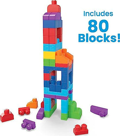 MEGA BLOKS Fisher-Price Toddler Block Toys, Big Building Bag with 80 Pieces and Storage Bag, Blue.