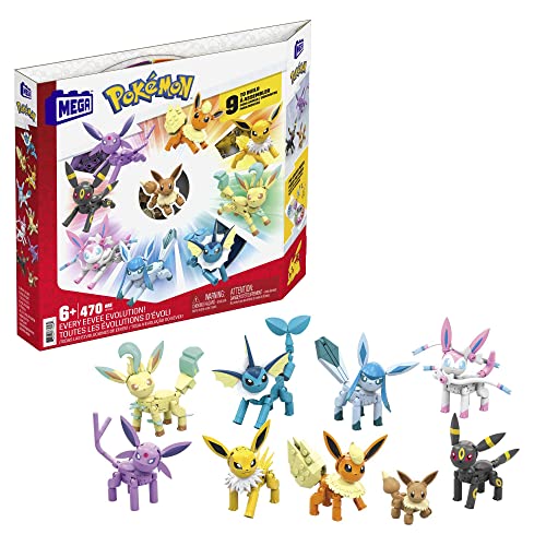 MEGA Pokemon Action Figure Building Toys for Kids, Every Eevee Evolution with 470 Pieces, 9 Poseable Characters