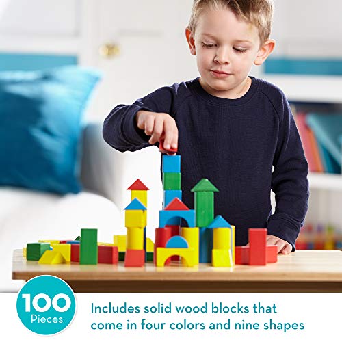 Melissa & Doug Wooden Building Set - 100 Blocks in 4 Colors and 9 Shapes