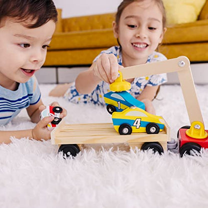 Melissa & Doug Magnetic Car Loader Wooden Toy Set With 4 Cars and 1 Semi-Trailer Truck - Crane Wooden Toy, Vehicle Toys For Kids Ages 3+