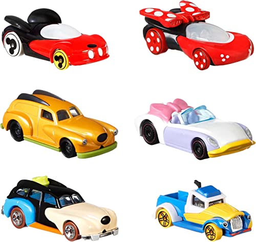 Hot Wheels Disney Character Cars, 6-Pack 1:64 Scale Toy Cars in Collectible Packaging: Mickey, Minnie, Pluto, Daisy, Donald & Goofy